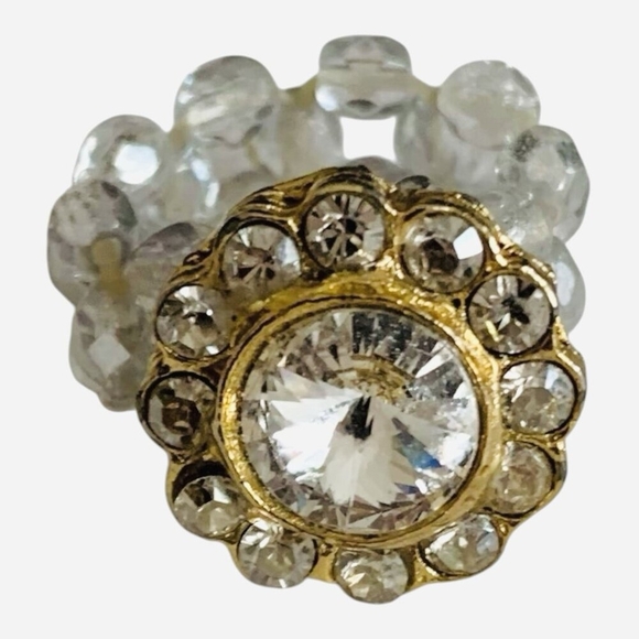 Beaded Gold-Toned Flower Ring with Large Center Stone One Size Elastic - Picture 2 of 5